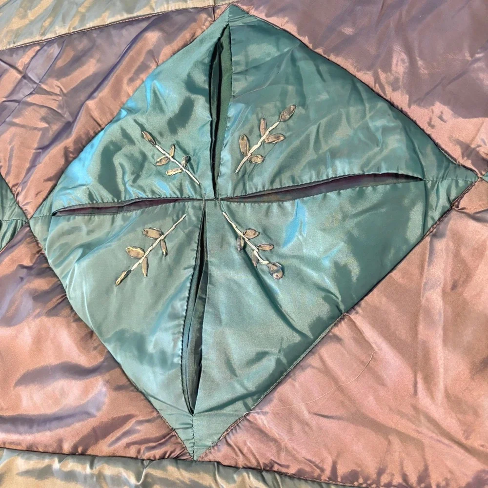 Iridescent Satin Patchwork Comforter Teal Purple Silver Embroidered Quilt Retro